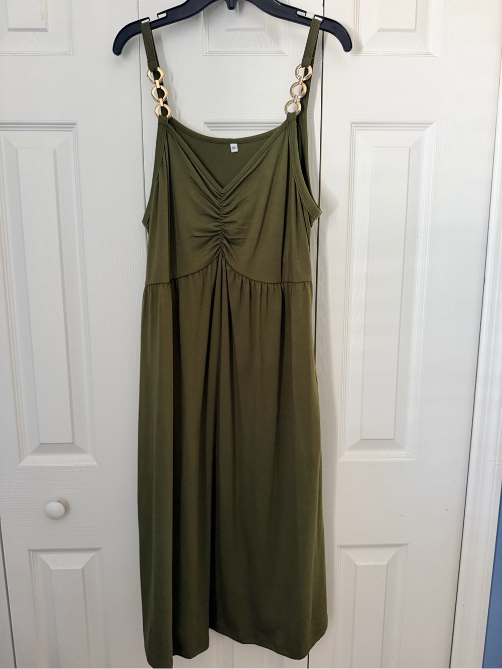 Olive Green Ruched Midi Dress with Chain Strap